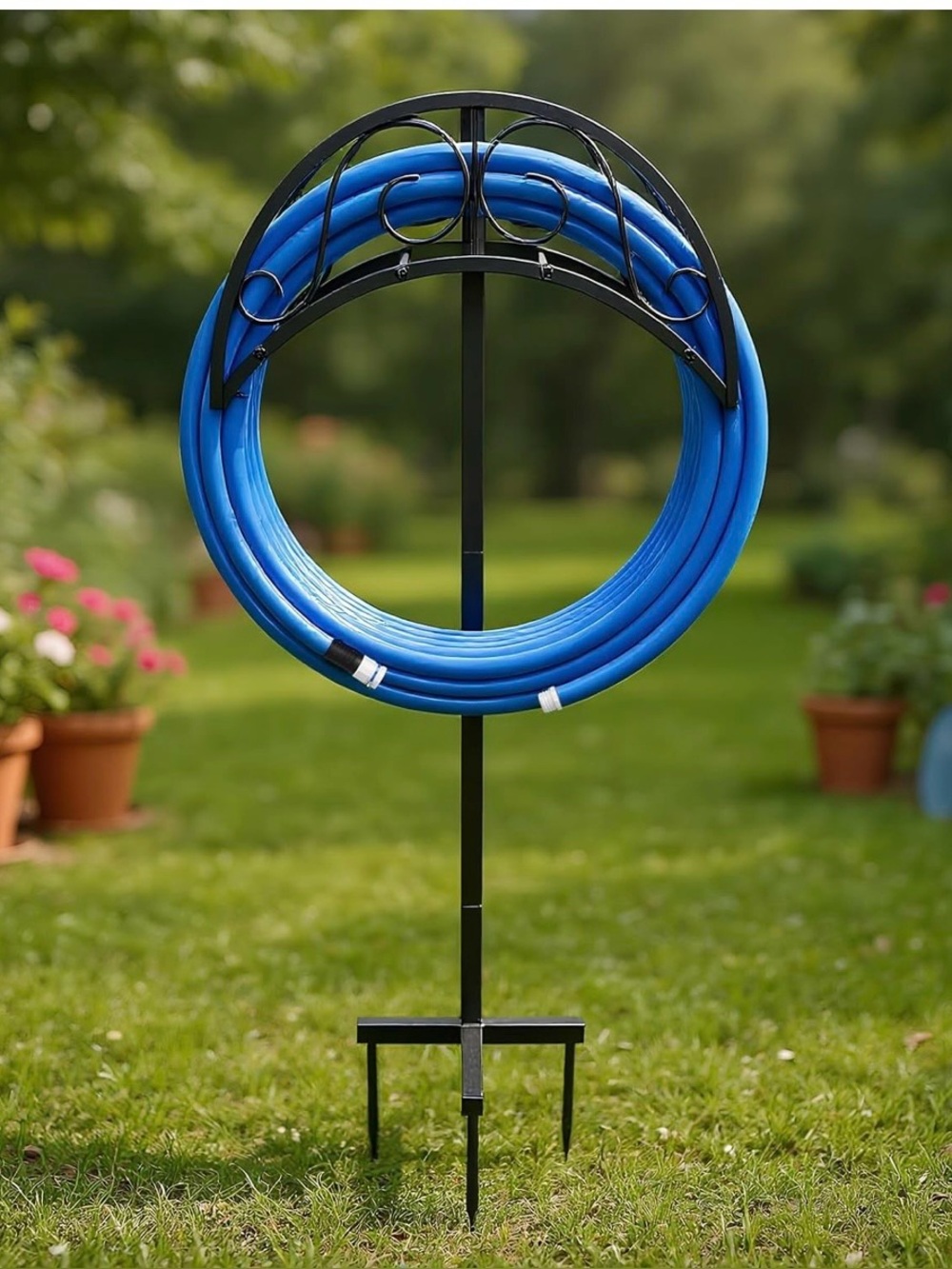 Garden Hose Holder Stand with Decorative Scrollwork Design